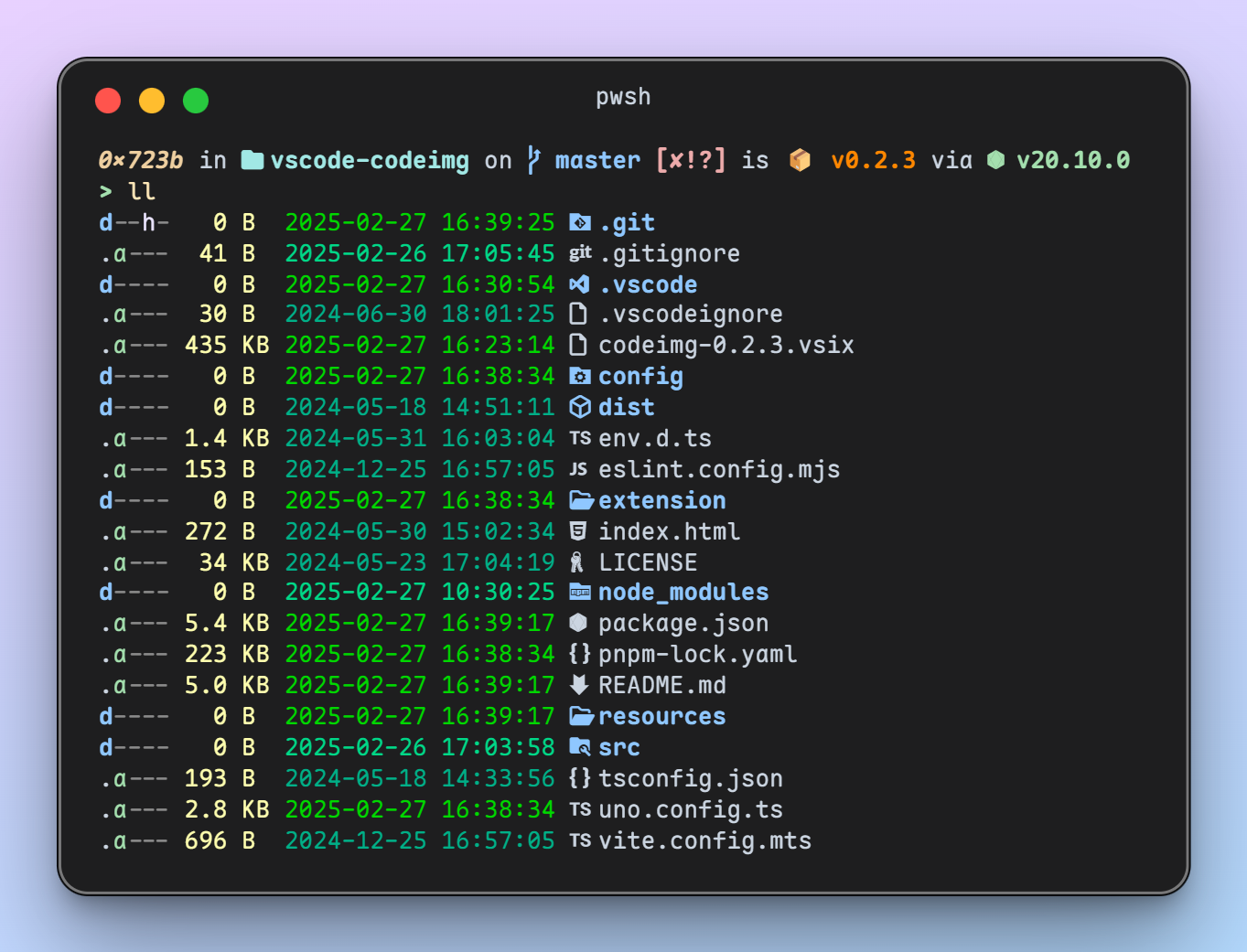 A screenshot of Maple Mono being used in the terminal, with lots of files being shown in various colours and with lots of icons.